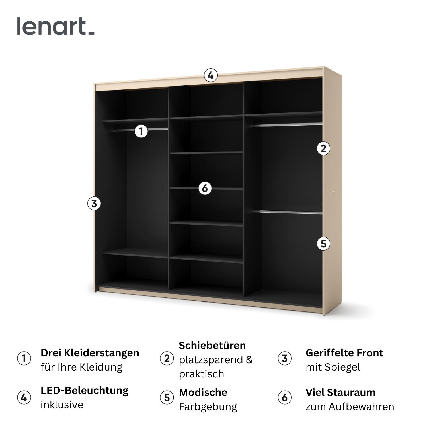 Funktionaler Schiebetürenschrank mit LED, Spiegel und Kleiderstangen – Innenansicht TS-02